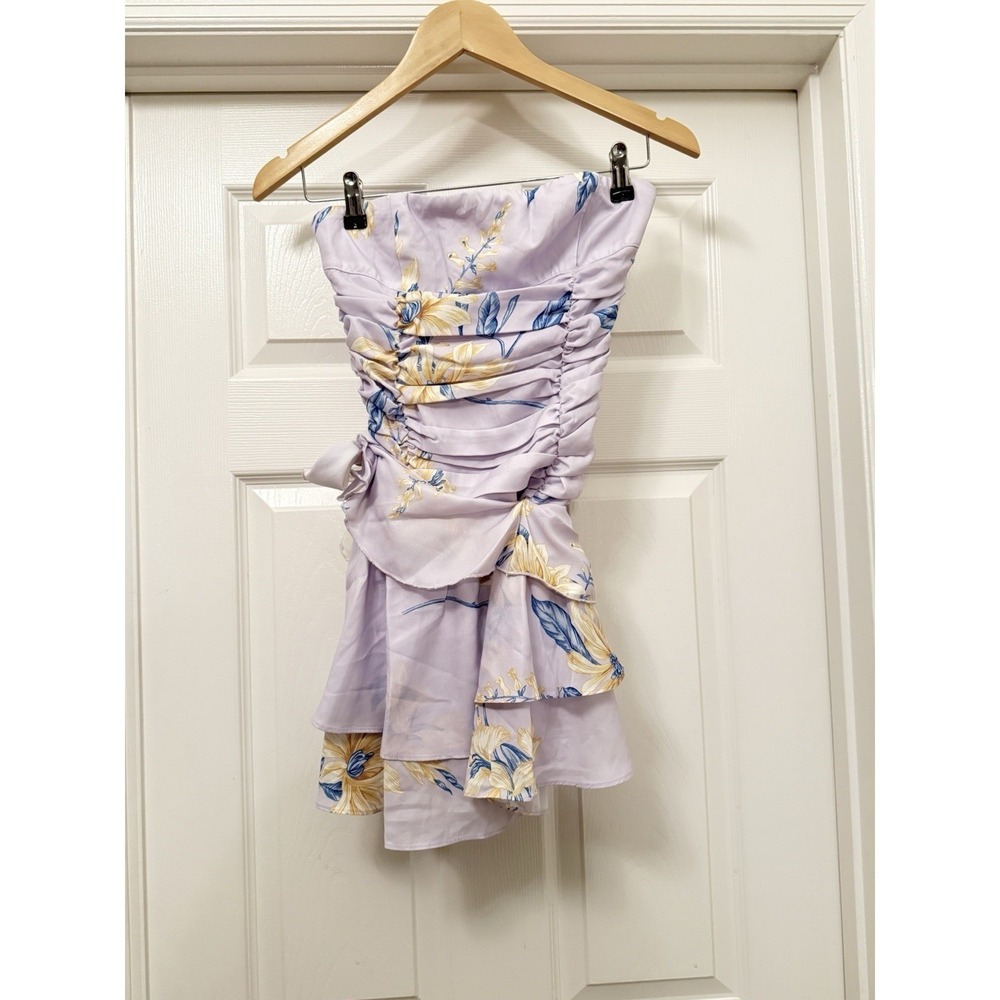 Peppermayo Mini Dress Womens XXS Lavender Floral Strapless Ruched Tiered Ruffle